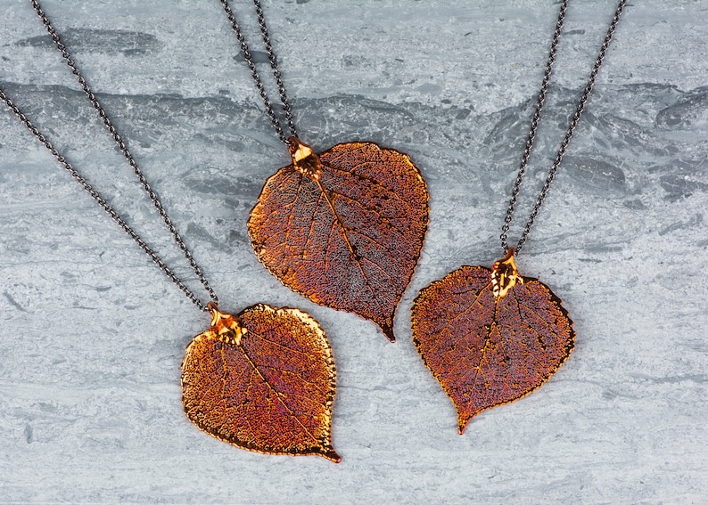 Pendant Heart Necklace Aspen Leaf Pendant Leaves Autumn Orange Jewelry Gift for Mothers Organic Leaf Necklace Long Copper Leaf Necklace
