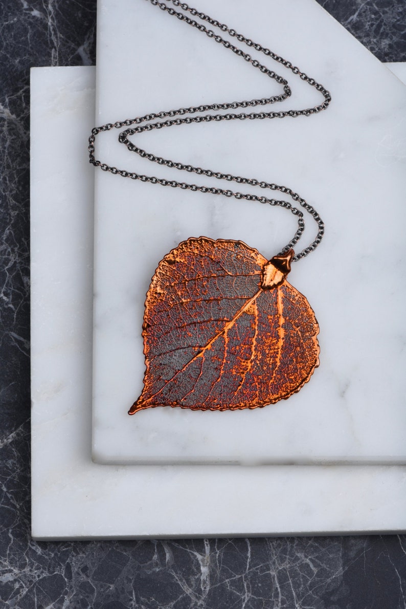 Pendant Heart Necklace Organic Leaf Necklace Long Copper Leaf Necklace Autumn Orange Jewelry Gift for Mothers Aspen Leaf Pendant Leaves