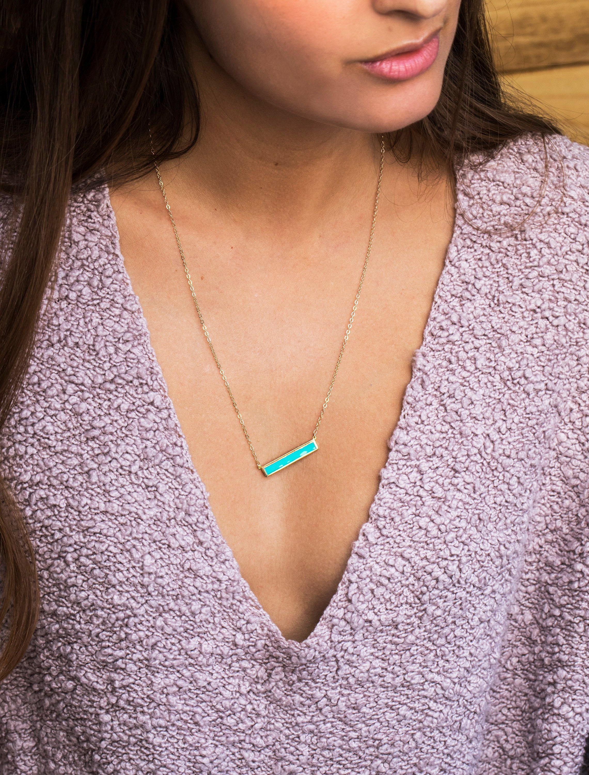 Turquoise and Gold Jewelry, Turquoise Bar Necklace, Necklace for Mom, Inlay Bar Stone Necklace, Gold Minimalist Necklace Bar Pendant