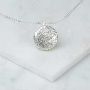 Floral Silver Round Locket, Silver Locket with Sterling Silver Chain, Long Silver Necklace, Everyday Locket, Photo Insert Locket image 9