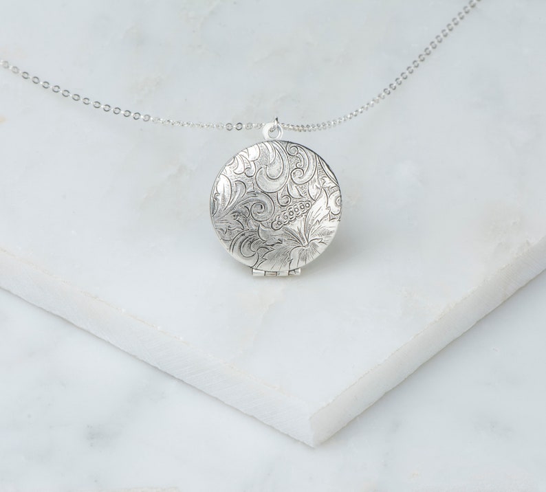 Floral Silver Round Locket, Silver Locket with Sterling Silver Chain, Long Silver Necklace, Everyday Locket, Photo Insert Locket image 9