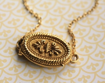 Fleur De Lis Locket, Gold Flower Necklace, Long Chain Necklace for Women, Small Unique Locket, Oval Locket Jewelry, Art Nouveau Locket