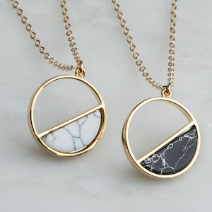 Gold Marble Moon Pendants, Full Moon Half Moon Necklaces, Black Stone Circle Necklace, Hoop Necklace, Turquoise Blue Moon Necklace Stone