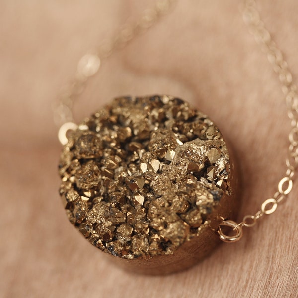 Drusy Agate Gold Nugget Necklace, Bronze Druzy Necklace, Shiny Gold Stone Pendant, Round Stone, Layering, Druzy Jewelry