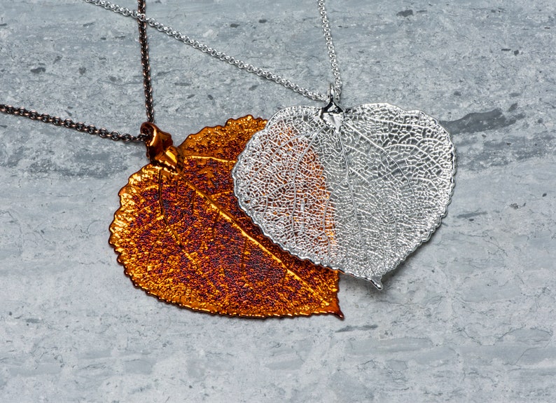 Pendant Heart Necklace Organic Leaf Necklace Long Copper Leaf Necklace Autumn Orange Jewelry Gift for Mothers Aspen Leaf Pendant Leaves