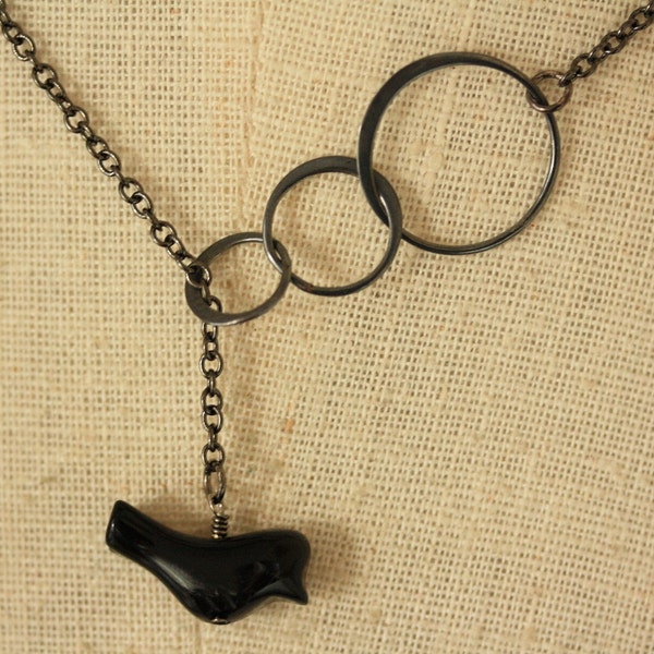 The Onyx Black Bird and Blackened Sterling Silver Rings Lariat Necklace