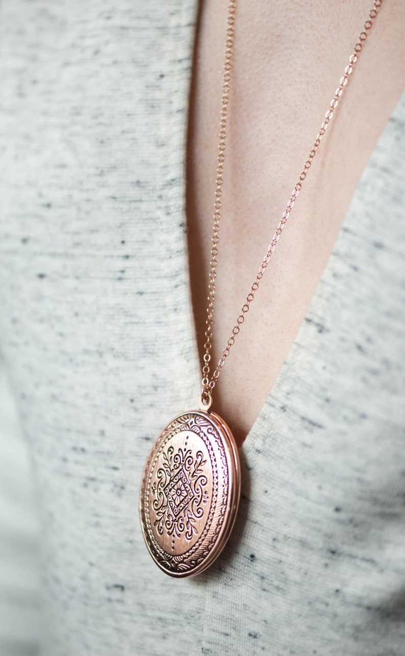 Long Rose Gold Necklace, Floral Jewelry, Large Rose Gold Locket, Oval Locket Flowers Long Chain, Huge Rose Locket image 2