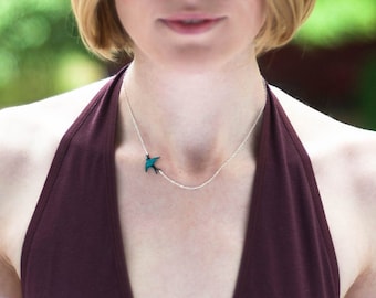 Tiny Turquoise Blue Bird Short Chain Necklace - Sterling Silver or 14kt Gold Fill Chain, Dainty and Delicate Jewelry, Something Blue Bridal