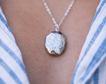 Sterling Silver Locket Necklace with Floral Engraved Daisy Pattern, Small Oval Locket Flowers