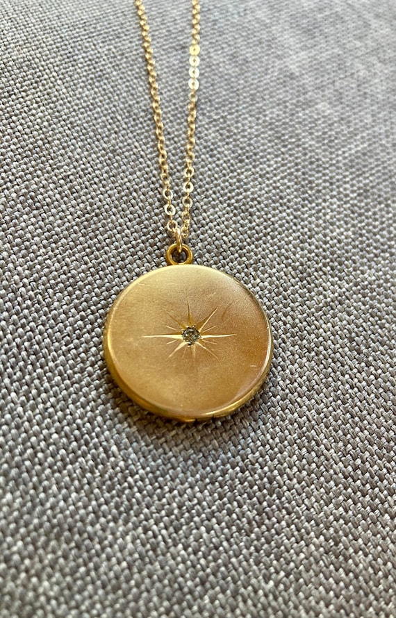 Small Antique Round Gold Starburst Locket Necklace