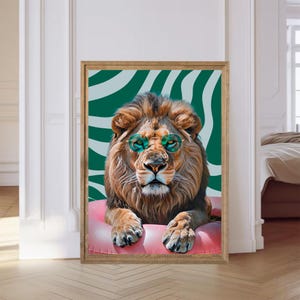 Arte mural de leones - Arte mural maximalista rosa y verde esmeralda - Decoración de dormitorio selvático - Arte mural moderno - Decoración ecléctica - Estampado animal