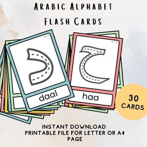 Könnte beinhalten: Arabische Alphabet-Lernkarten mit den Buchstaben "daal" und "haa". Die Karten haben weiße Hintergründe und farbige Ränder. Der Text "30 KARTEN" und "SOFORT-DOWNLOAD DRUCKBARE DATEI FÜR LETTER ODER A4 SEITE" ist ebenfalls enthalten.