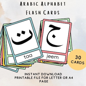 Puede incluir: Tarjetas didácticas para aprender el alfabeto árabe. Las tarjetas blancas tienen bordes coloridos y presentan letras árabes con transliteraciones en inglés. La imagen incluye el texto "ARABIC ALPHABET FLASH CARDS" y "30 CARDS".