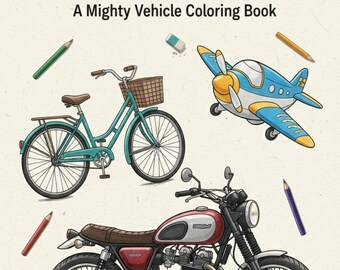 Può includere: Copertina di un libro da colorare intitolato "Adventure Journeys" con illustrazioni di una bicicletta turchese, un aereo blu e giallo e una motocicletta rossa e bianca. Matite colorate e una gomma sono sparse intorno ai veicoli.