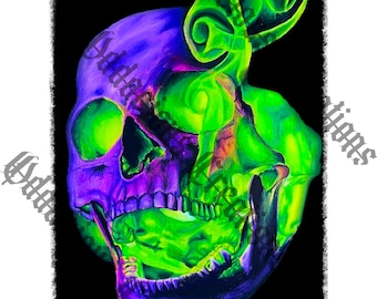 Odd Hallows Dark art Purple Skull with Green Smoke. Art Print. Original Colored Pencil Realism on Wood. 8.5inx11in. Unique Wall Decor.