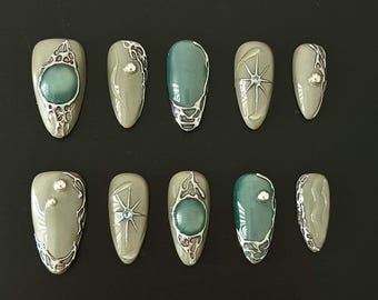 Sage Green Cat Eye Press-On Nails | Chrome Frame Gemstone Nails