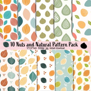 May include: A digital download pack of 10 seamless patterns featuring various nuts and natural elements. The patterns are in a variety of colors, including brown, green, blue, and yellow. Each pattern is 12 inches by 12 inches and 300 dpi.
