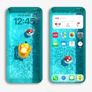 Peut inclure: Une capture d'écran d'un smartphone avec un fond bleu et vert. L'écran affiche une horloge indiquant 12h45 et la date du 5 mai. Le téléphone possède également diverses applications, notamment une barre de recherche, une carte, un appareil photo et une horloge.