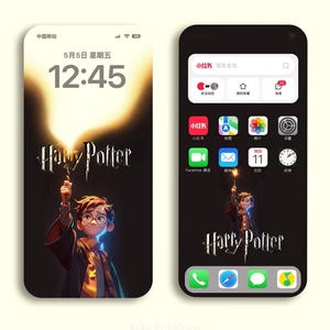 May include: A black iPhone screen with a Harry Potter themed wallpaper. The wallpaper features a cartoon image of Harry Potter holding a wand with a bright light at the end. The text "Harry Potter" is displayed in white letters on the screen. The time is 12:45 and the date is 5/5. The phone has a black background and a white clock face.