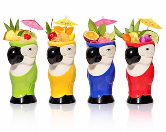 Vasos de cerámica hawaianos multicolor con diseño de loro tiki (444 ml)