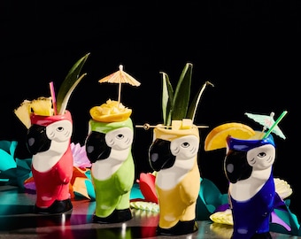 Ceramic Hawaiian Multi Color Parrot Tiki Glasses (15oz)