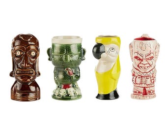 Tazas de cerámica estilo luau tiki hawaiano (juego de 4 - 414 ml - 650 ml)