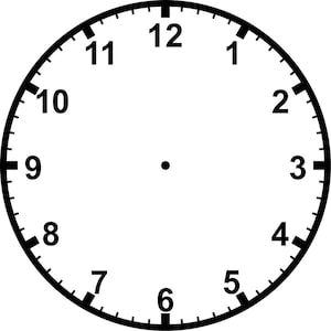 Può includere: Un quadrante di orologio bianco e nero con numeri romani neri per le ore da 1 a 12. Il quadrante dell'orologio è circolare e ha un punto nero al centro.