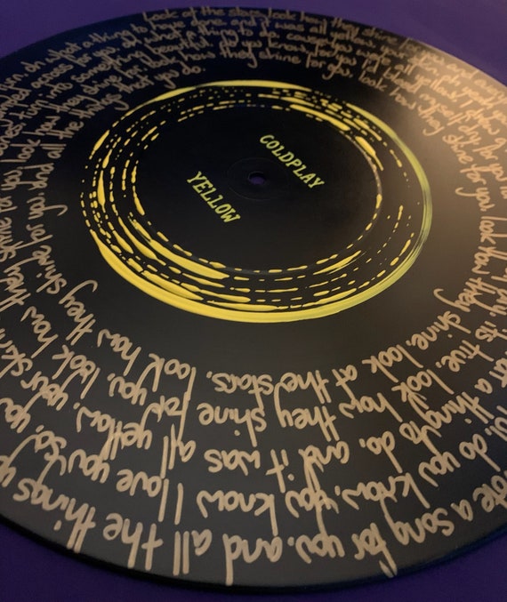 Coldplay Yellow Hand Painted Lyrics Painting on Vinyl Record 