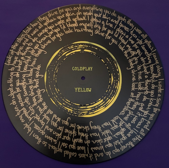 Coldplay Yellow Hand Painted Lyrics Painting on Vinyl Record 