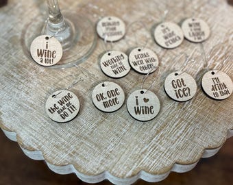 Set of 11 Wine Glass Charms - Laser Engraved Linen Wood