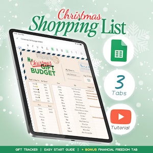 May include: A digital tablet displaying a Christmas Shopping List spreadsheet template with sections for gift budgets, recipient names, and website links. The interface includes a green spreadsheet icon, a 3 tabs label, and a red YouTube tutorial icon.