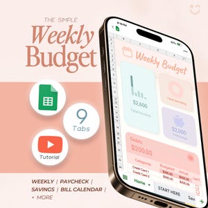 May include: A smartphone displays a digital weekly budget interface with the text "Weekly Budget." The interface shows income, savings, and debt categories. Additional icons include a spreadsheet, a tutorial button, and the text "9 Tabs."