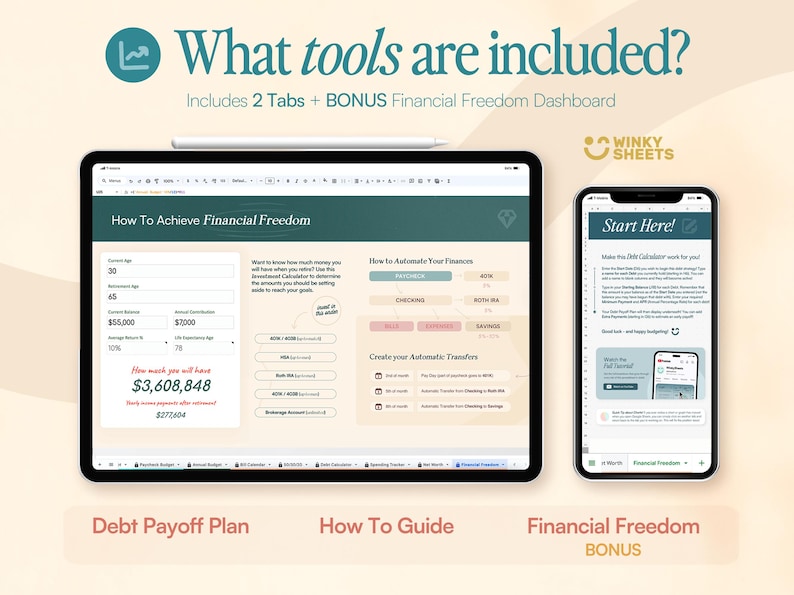 Op de afbeelding: Een digitale tool voor financi&euml;le planning weergegeven op een tablet en smartphone. De tablet toont een dashboard voor financi&euml;le vrijheid en de telefoon toont een schuldcalculator. Tekst bevat "What tools are included?" en "Start Here!"