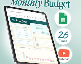 May include: A digital tablet displays a spreadsheet titled "Monthly Budget." The screen shows financial data, charts, and the text "Ultimate Smart Monthly Budget." Additional icons include a Google Sheets logo, the number "26 Tabs," and a YouTube tutorial button.