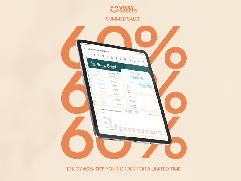 May include: A tablet displaying an Annual Budget spreadsheet with green and white interface elements. The background features large orange text reading 60% and Winky Sheets branding. Text at the top reads SUMMER SALE and at the bottom ENJOY 60% OFF.