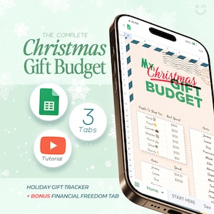 Puede incluir: Un teléfono inteligente que muestra una hoja de cálculo digital para el presupuesto de regalos navideños. La pantalla presenta columnas para personas y gastos previstos, con el texto The Complete Christmas Gift Budget y 3 Tabs.