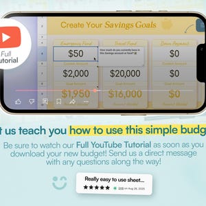 Op de afbeelding: Een smartphonescherm toont een budgetteringsapp-interface met spaardoelen. De app toont categorie&euml;n zoals Noodfonds, Reisfonds en Aanbetaling. Het scherm bevat ook een YouTube-tutorial-pictogram en de tekst "Let us teach you how to use this simple budget!"