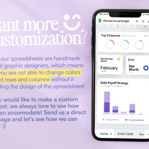 May include: A smartphone displaying a digital budget spreadsheet titled Ultimate Annual Budget. The screen shows sections for Top 3 Expenses, Best Savings Month, Net Worth, and Debt Payoff Strategy with bar charts and text on a light background.