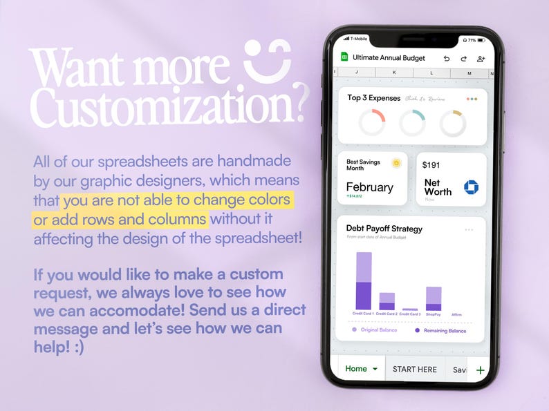 Op de afbeelding: Een smartphone toont een financieel spreadsheet met grafieken. Tekst op het scherm is onder meer "Ultimate Annual Budget", "Top 3 Expenses" en "February". De achtergrond is lichtpaars met tekst over maatwerk.