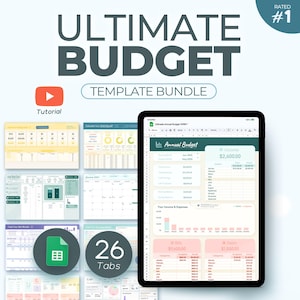 Puede incluir: Un paquete de plantillas digitales titulado "ULTIMATE BUDGET" con 26 pestañas, que se muestra en una tableta. La plantilla incluye secciones para ingresos, facturas y deudas. La imagen también presenta un botón "Tutorial" y una insignia "Clasificado #1".