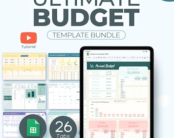 Annual Budget Spreadsheet Template Bundle | Personal Financial Planner with Monthly, Weekly, Paycheck, Bill Tracker, Net Worth Google Sheets