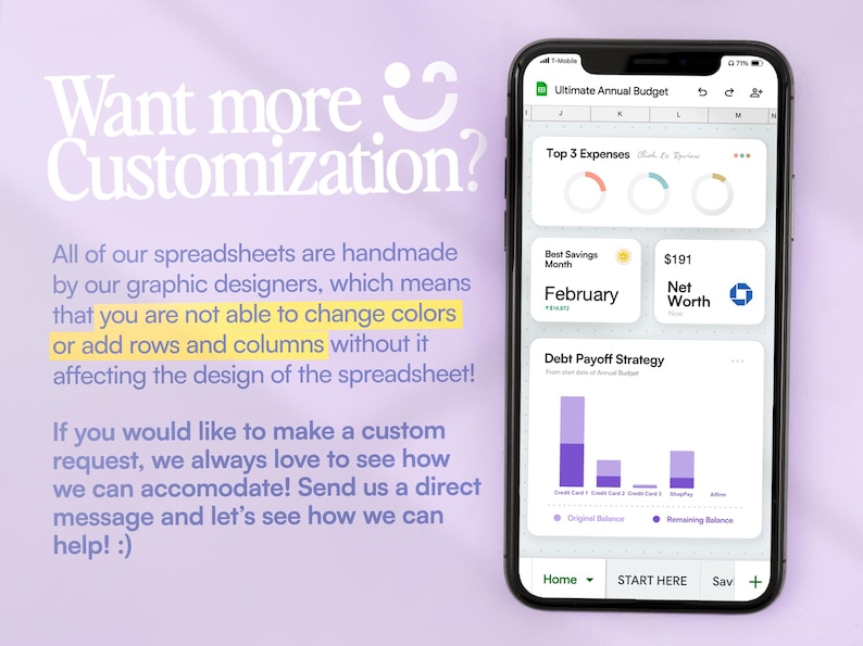 Peut inclure: Un smartphone affichant une feuille de calcul budg&eacute;taire num&eacute;rique intitul&eacute;e Ultimate Annual Budget. L'&eacute;cran pr&eacute;sente des sections pour les d&eacute;penses, l'&eacute;pargne, la valeur nette et la strat&eacute;gie de remboursement de dettes avec des graphiques.