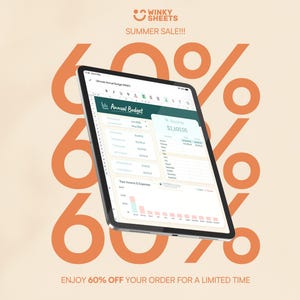 Peut inclure: Une tablette affichant une feuille de calcul de budget annuel avec des &eacute;l&eacute;ments d'interface verts et blancs. L'arri&egrave;re-plan pr&eacute;sente un grand texte orange indiquant 60% et la marque Winky Sheets. Le texte en haut indique SUMMER SALE et en bas ENJOY 60% OFF.