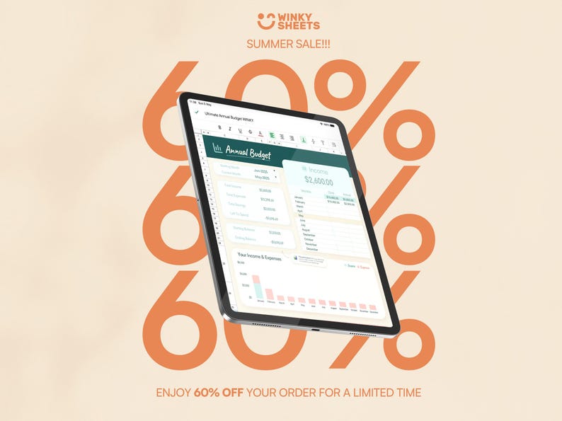 Peut inclure: Une tablette affichant une feuille de calcul de budget annuel avec des &eacute;l&eacute;ments d'interface verts et blancs. L'arri&egrave;re-plan pr&eacute;sente un grand texte orange indiquant 60% et la marque Winky Sheets. Le texte en haut indique SUMMER SALE et en bas ENJOY 60% OFF.