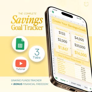 Könnte beinhalten: Ein Smartphone zeigt die Benutzeroberfläche einer "Savings Goal Tracker"-App. Die App zeigt finanzielle Ziele für einen Notfallfonds und einen Reisefonds. Das Bild enthält Symbole für Google Sheets und ein Tutorial-Video. Der Text lautet "Sinking Funds Tracker + Bonus Financial Freedom."