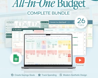 Kalkylblad för personlig budgetplanerare, årlig lönecheck, budgetspårningsmall för Google Sheets, månatlig fakturakalender, skuldspårare för sparande