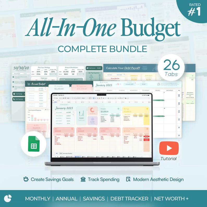 Peut inclure: Un ensemble complet de budget tout-en-un num&eacute;rique affich&eacute; sur un &eacute;cran d'ordinateur portable, comprenant 26 onglets pour le suivi financier. L'interface pr&eacute;sente des graphiques, des tableaux et des calendriers de janvier 2025 aux couleurs pastel douces.