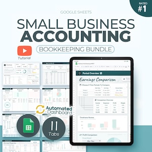 Könnte beinhalten: Ein digitales Buchhaltungspaket für kleine Unternehmen, mit Google Sheets-Vorlagen. Das Bild zeigt ein Tablet mit einem Ertragsvergleichsdiagramm. Der Text enthält "Small Business Accounting" und "Bookkeeping Bundle". Mit 11 Tabs und einem automatisierten Dashboard.
