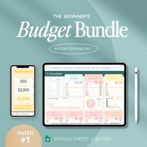 May include: Digital budget bundle featuring a tablet, phone, and stylus. The tablet shows a detailed budget spreadsheet, and the phone displays savings goals. Text includes "Budget Bundle," "Instant Download," and "Rated #1."