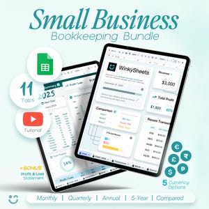 Puede incluir: Un paquete de contabilidad digital para pequeñas empresas, con una tableta que muestra datos financieros y gráficos. La imagen incluye el texto "Small Business Bookkeeping Bundle" y "WinkySheets", además de iconos para pestañas, un tutorial y opciones de moneda.